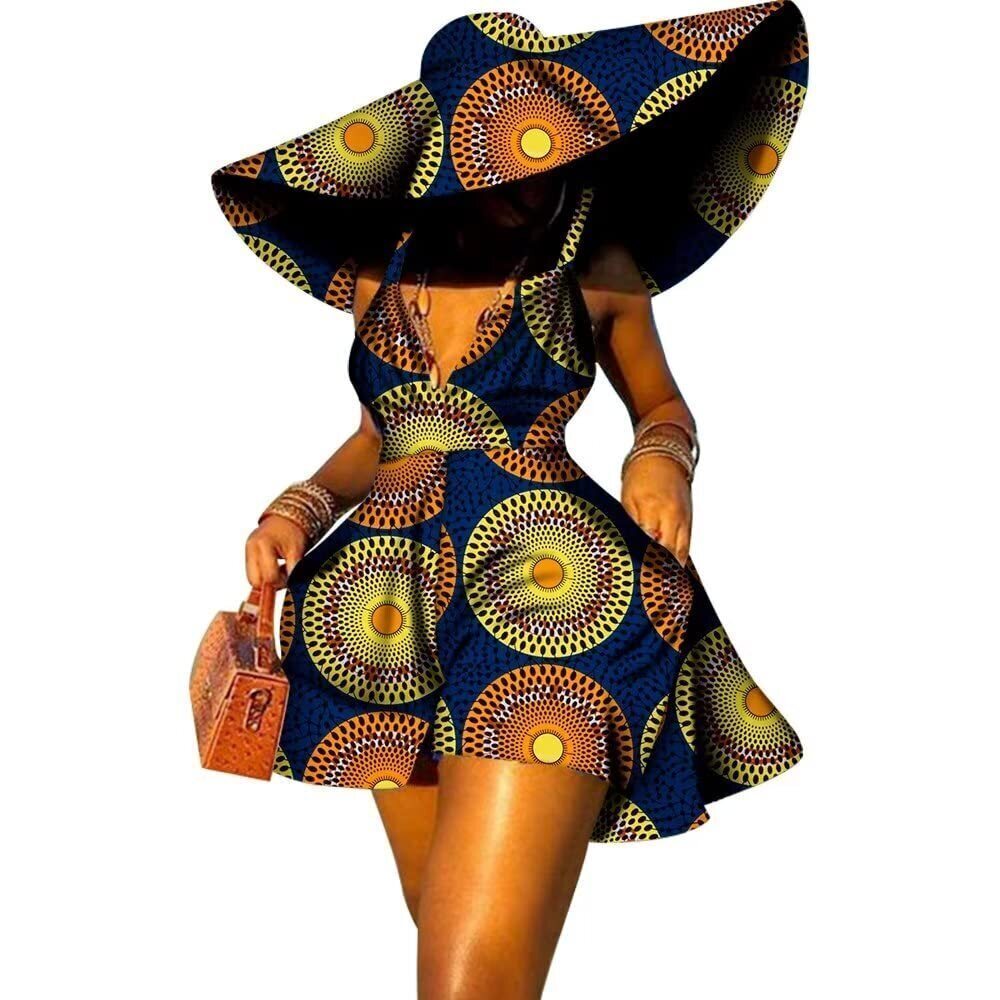 3585 African Dresses Suspenders Traditional Ankara Kente Print with Hat